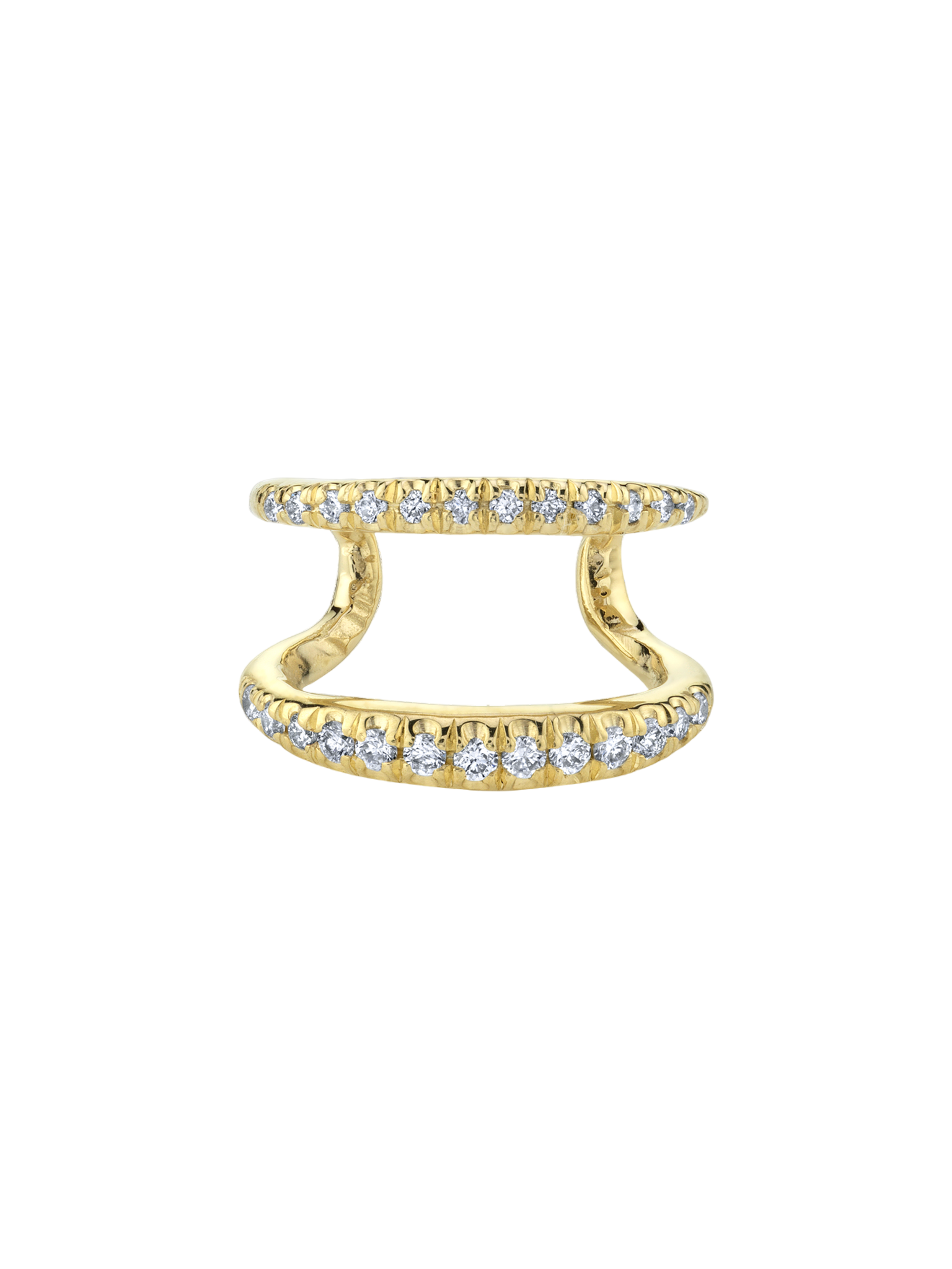 Twin tusk ear cuff with double line pavé white diamonds 14 yellow gold